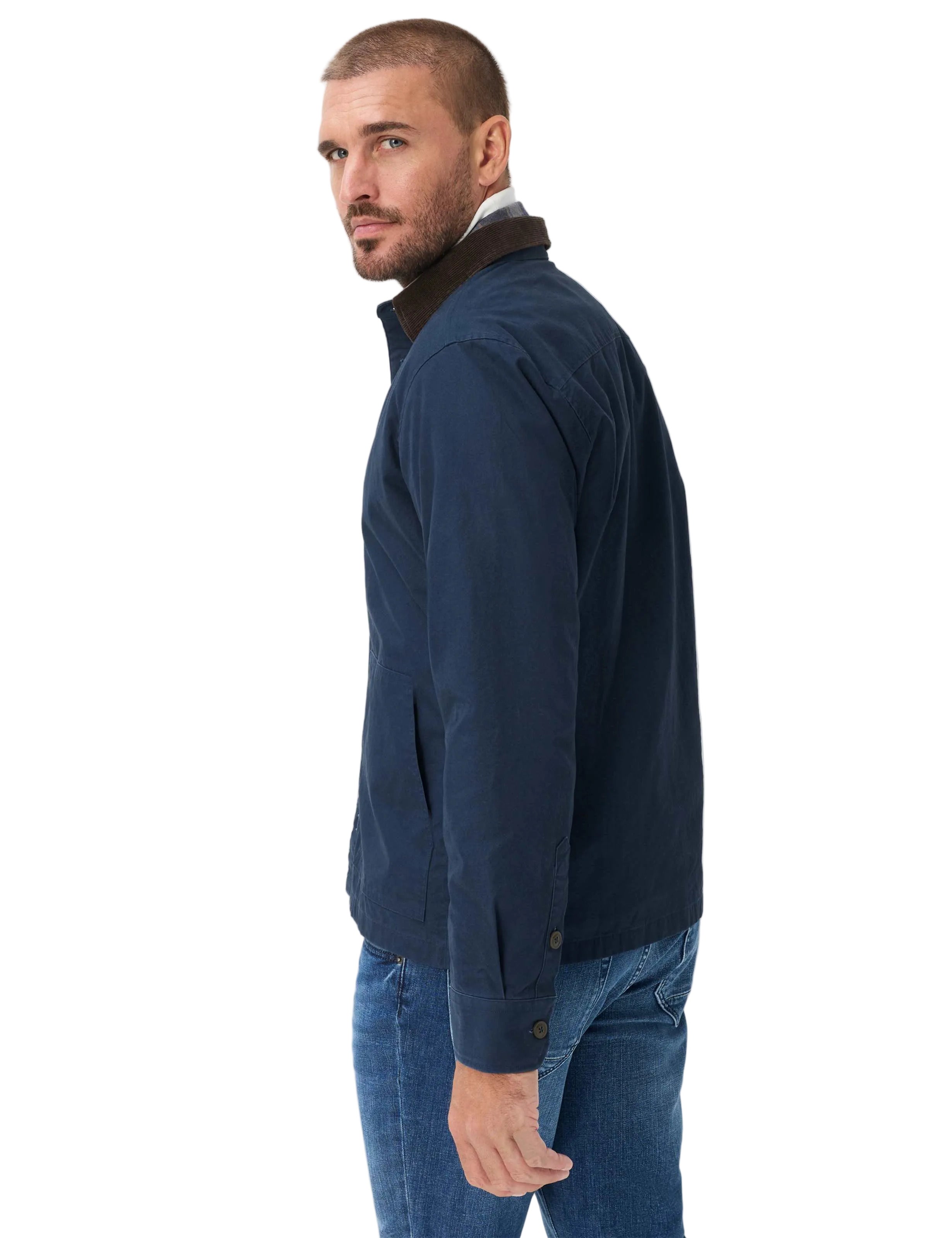 Brax Kay cord collar overshirt in Night Blue - model back