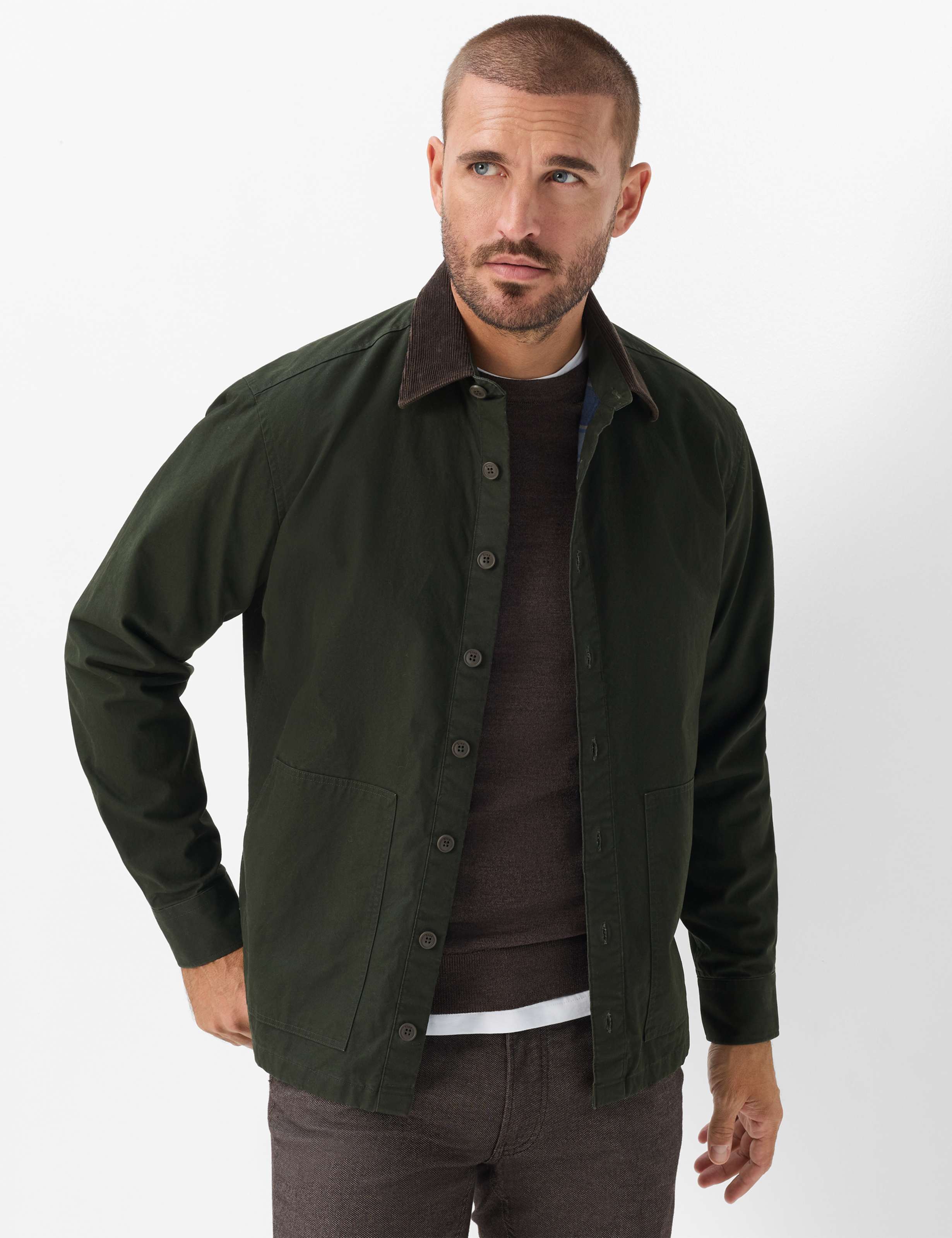 Brax Kay cord collar overshirt in Pine - model front