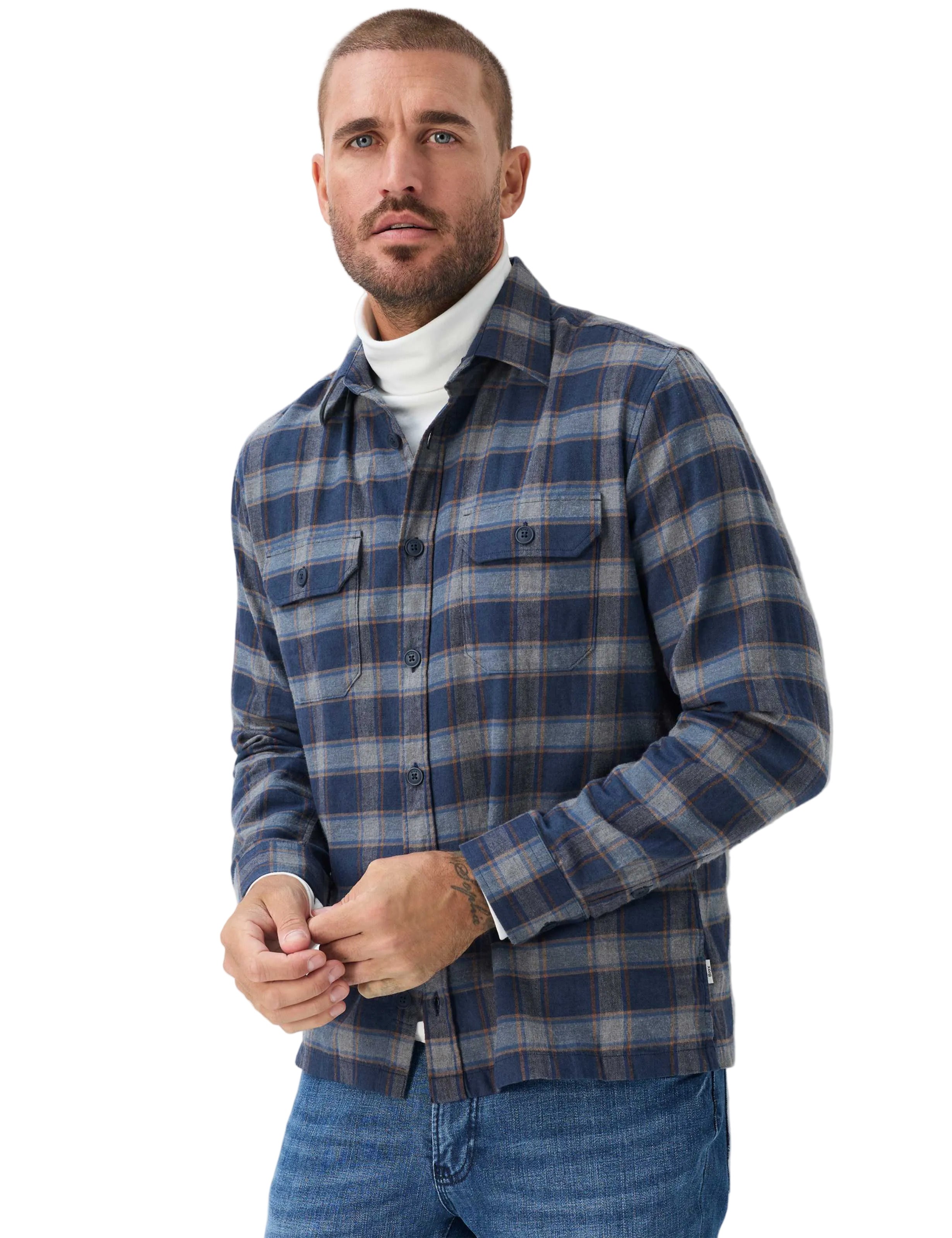 Brax Kay flannel overshirt in Navy - model front