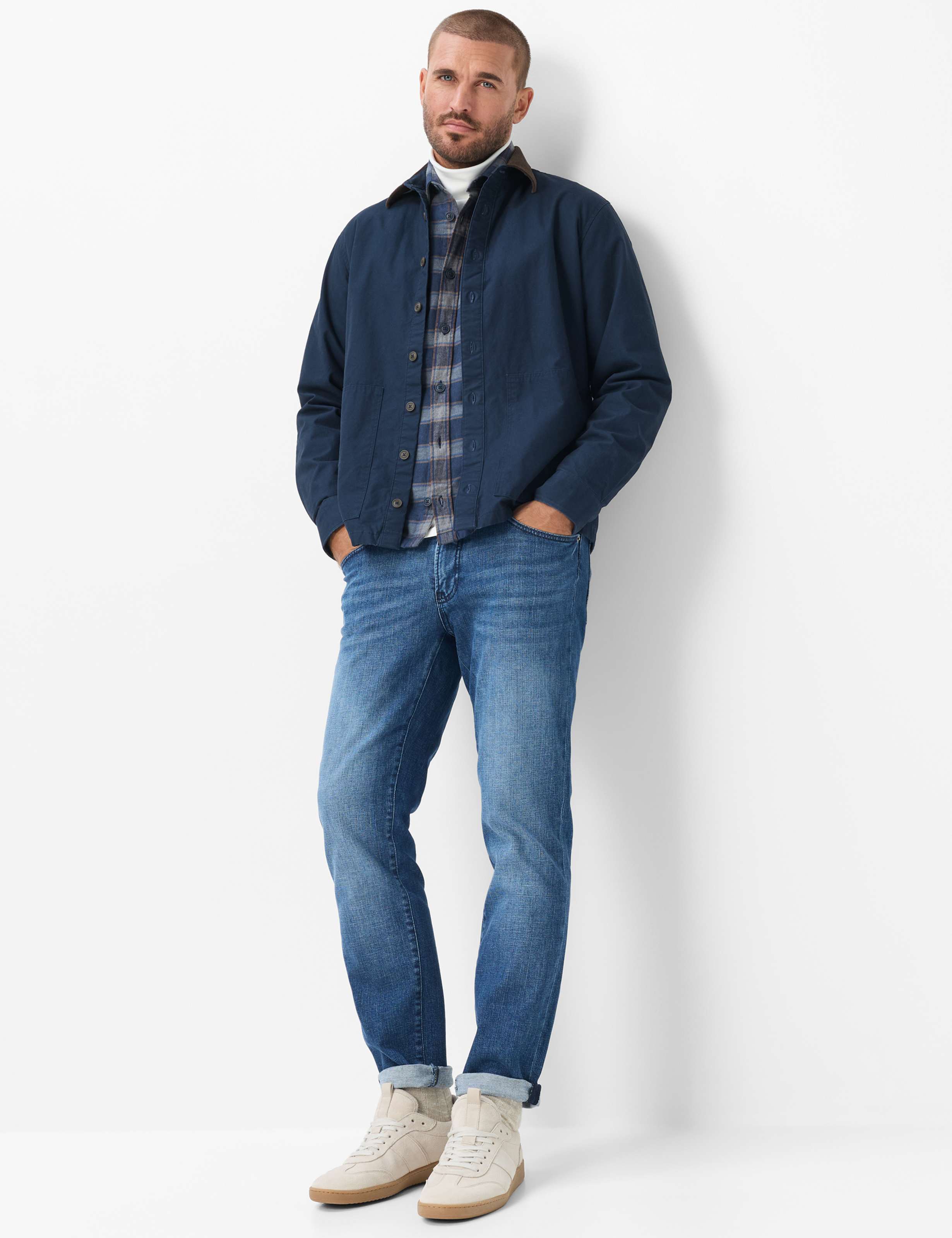 Brax Kay cord collar overshirt in Night Blue - outfit view
