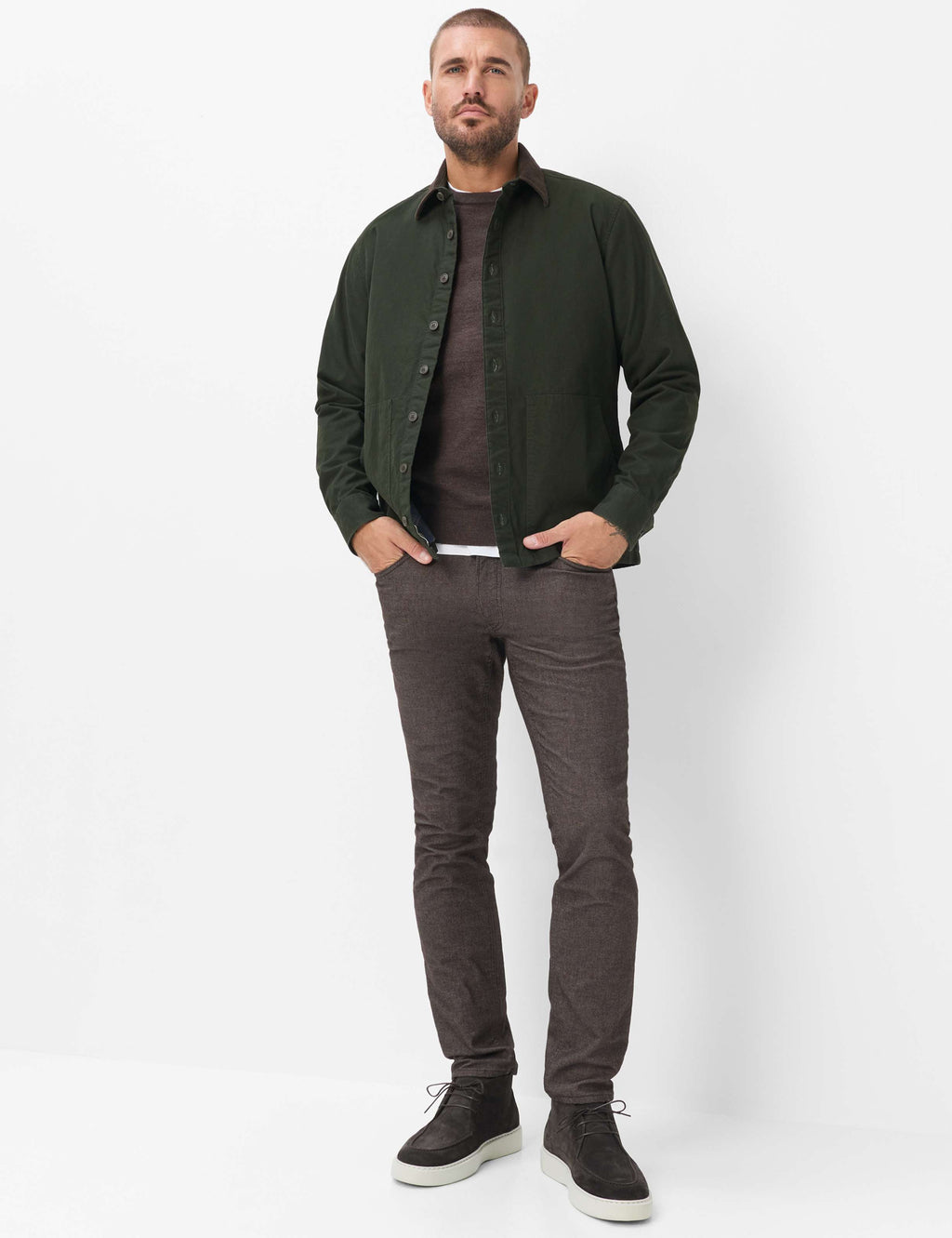 Brax Kay cord collar overshirt in Pine - outfit view