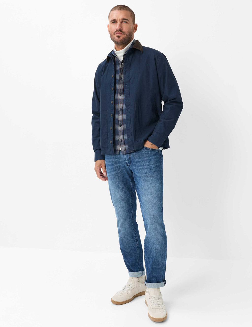 Brax Kay flannel overshirt in Navy - outfit view