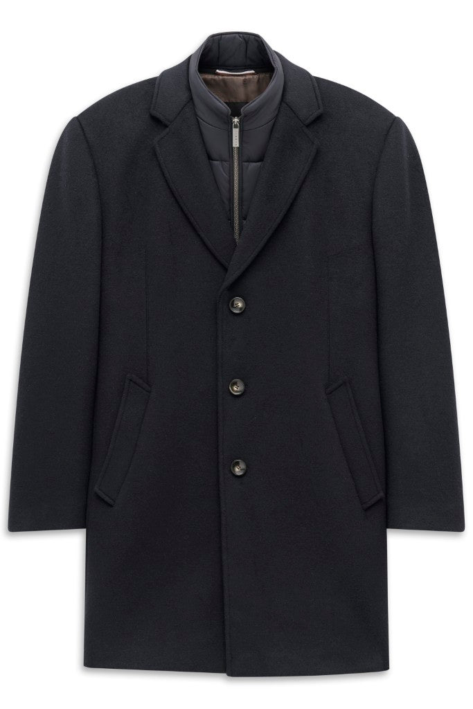 Navy Wool Blend Revere Collar Coat – front view