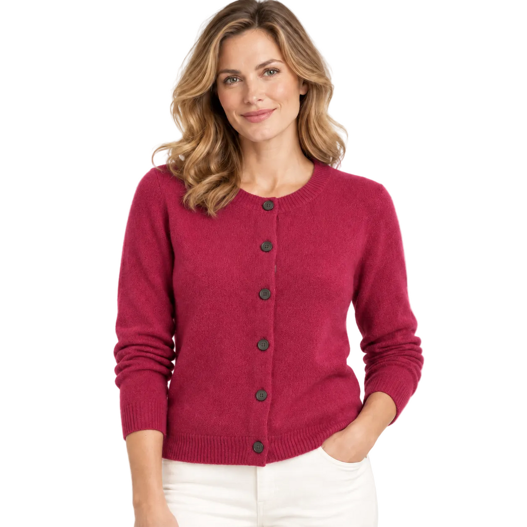 Massoti ladies lambswool cardigan in Raspberry – model front view