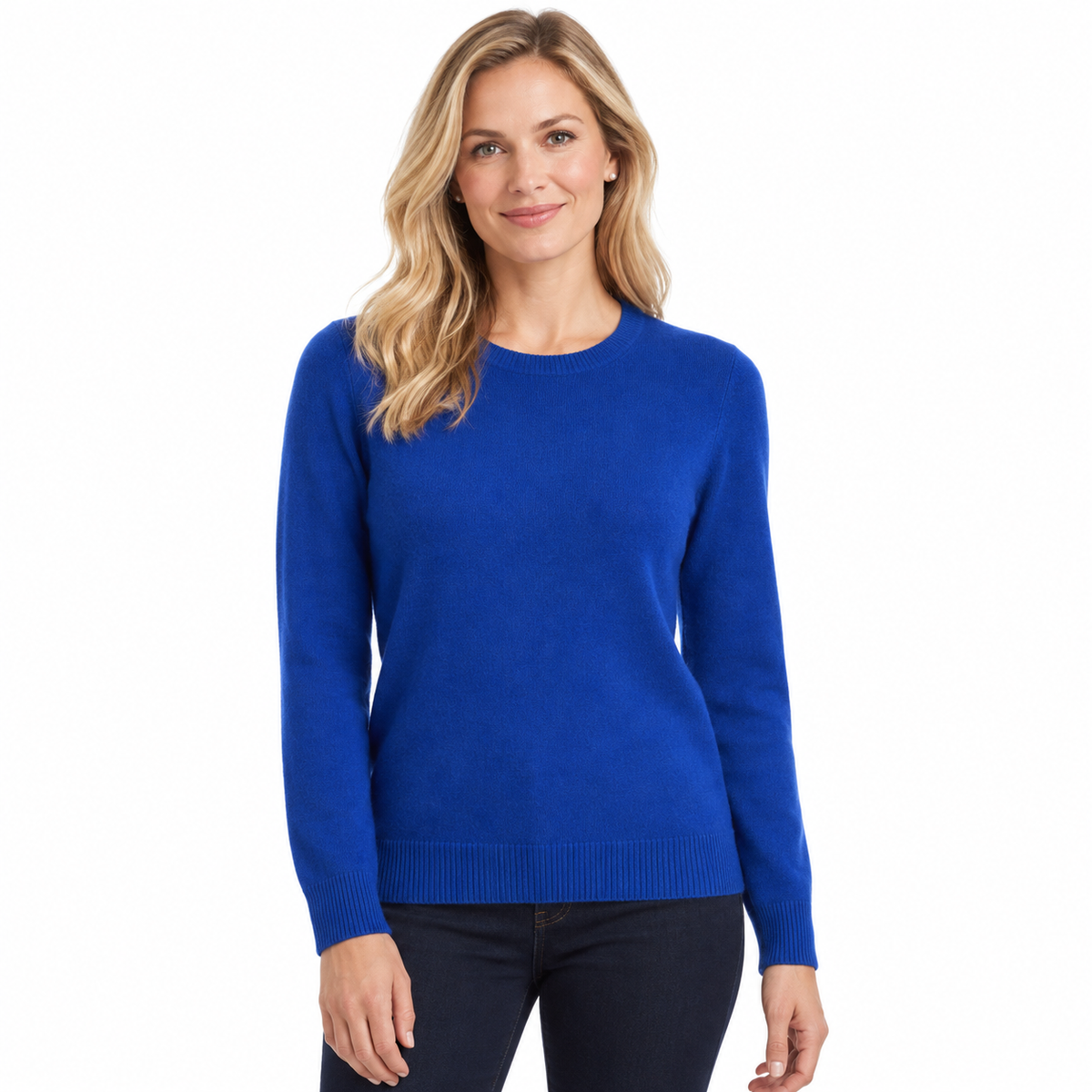 Massoti ladies lambswool crew neck jumper in Royal – model front view