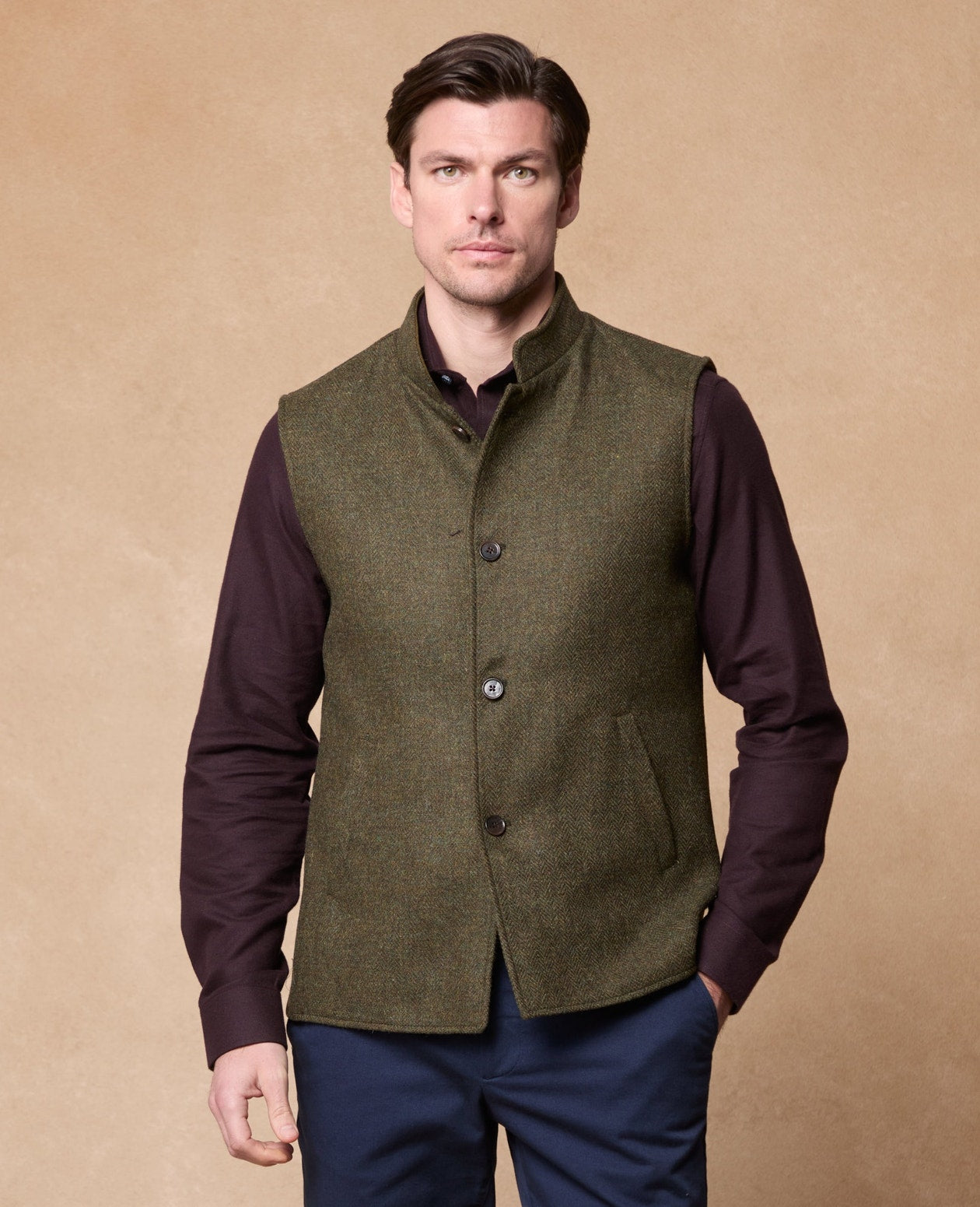 Magee Cavan Tweed Gilet in Moss Green Herringbone – front view