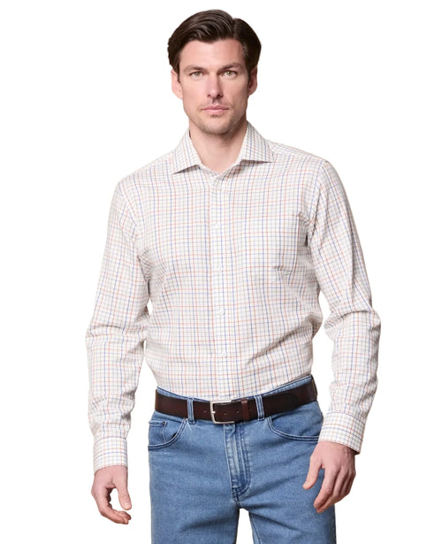 Magee Caher Tattersalls Shirt worn in cream with rust, blue and pink checks