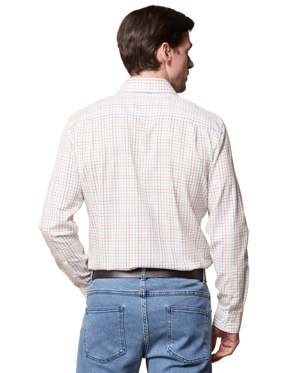 Magee Caher Tattersalls Shirt detail showing the cream, rust, blue and pink check