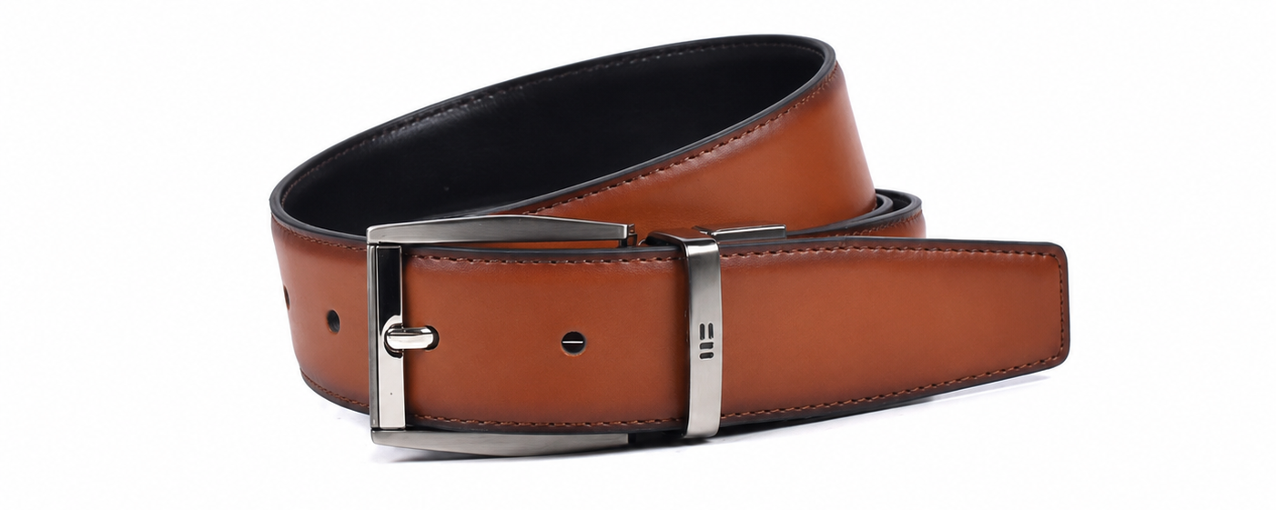 Miguel Bellido reversible 32mm leather belt in tan – coiled front view
