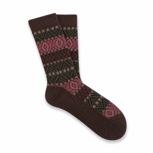 Pantherella Beck dark brown fleck Fairisle socks with wine and olive pattern