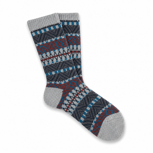 Pantherella Beck natural fleck Fairisle socks with rust and blue pattern