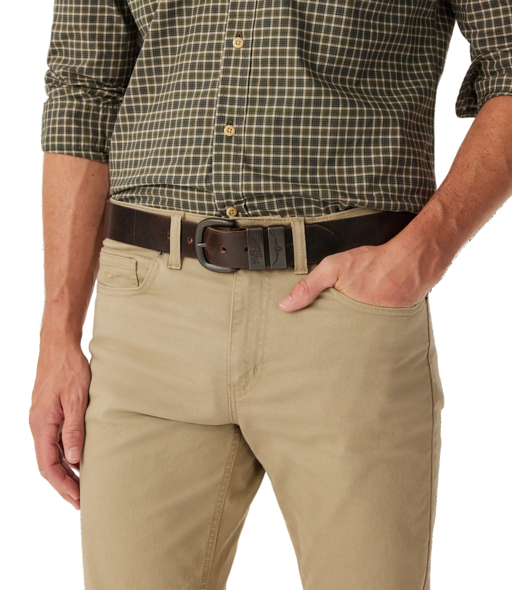 R.M.Williams Drover leather belt in Walnut – styled view