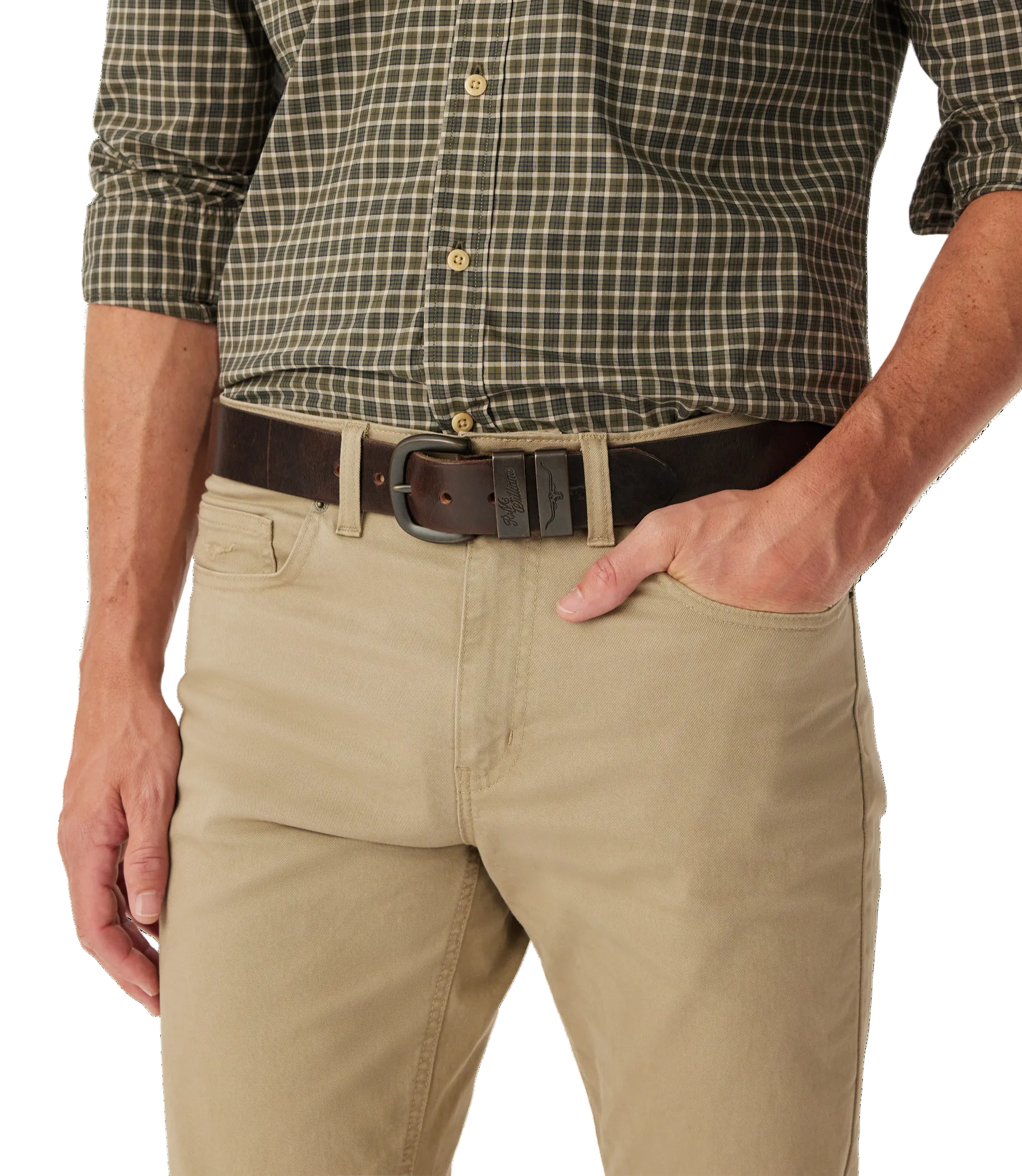 R.M.Williams Drover leather belt in Walnut – styled view