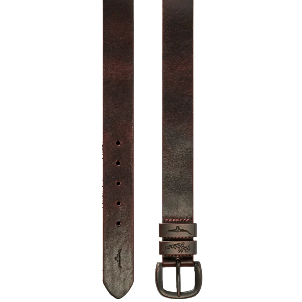 R.M.Williams Drover leather belt in Walnut – full-length buckle view