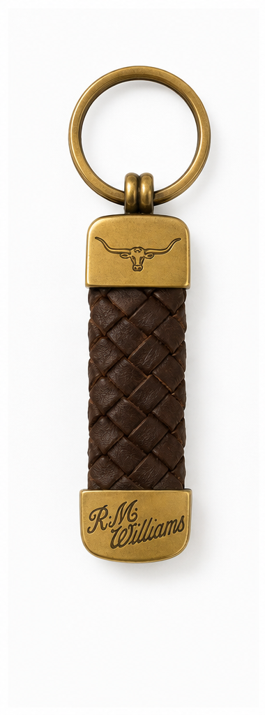 R.M.Williams Plaited Key Ring in Brown with brass fittings - front view