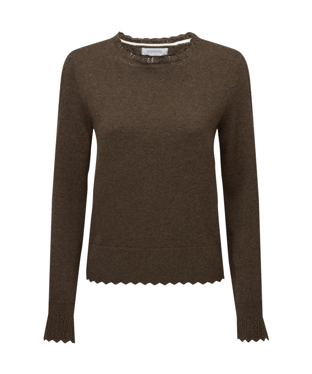 Leyburn pointelle jumper in Chocolate, product front view