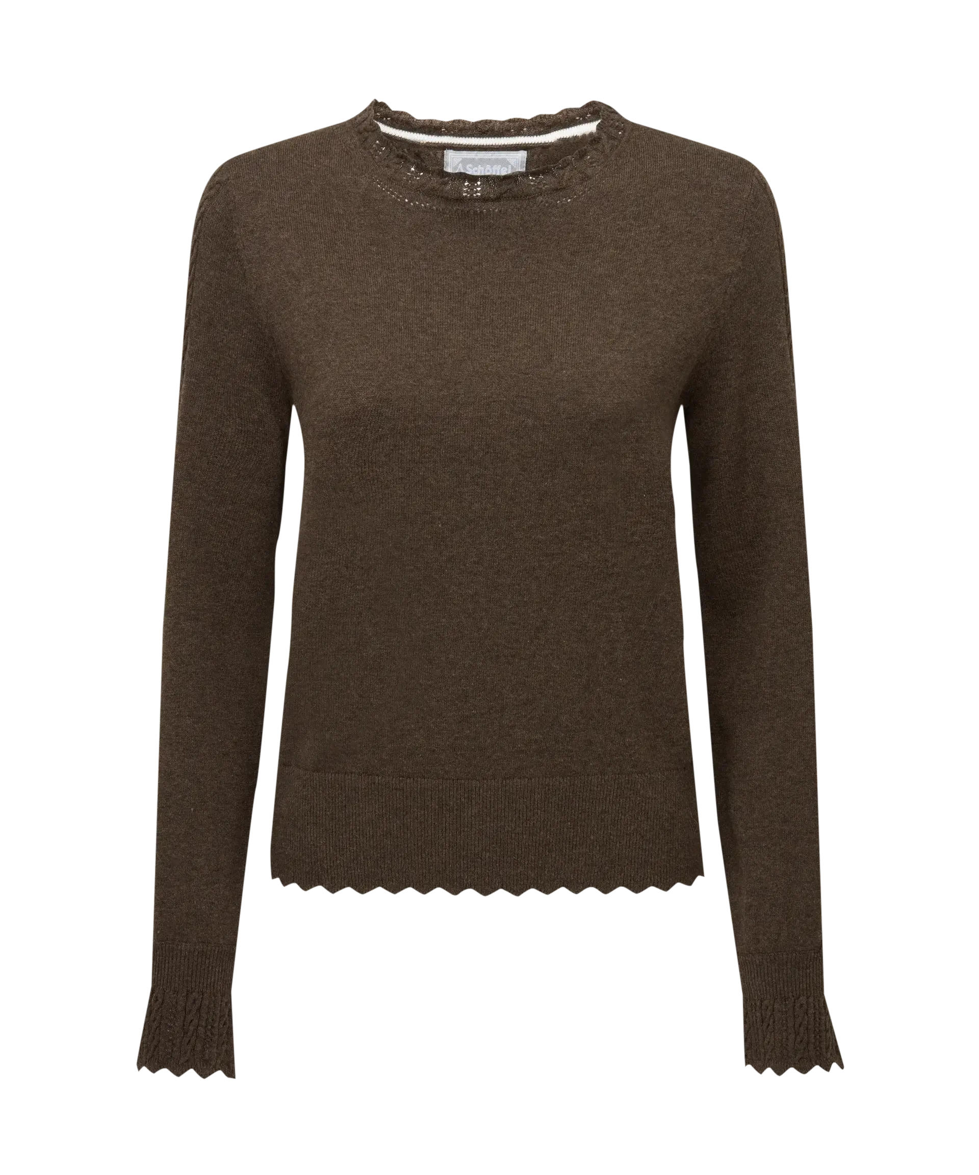 Leyburn pointelle jumper in Chocolate, product front view
