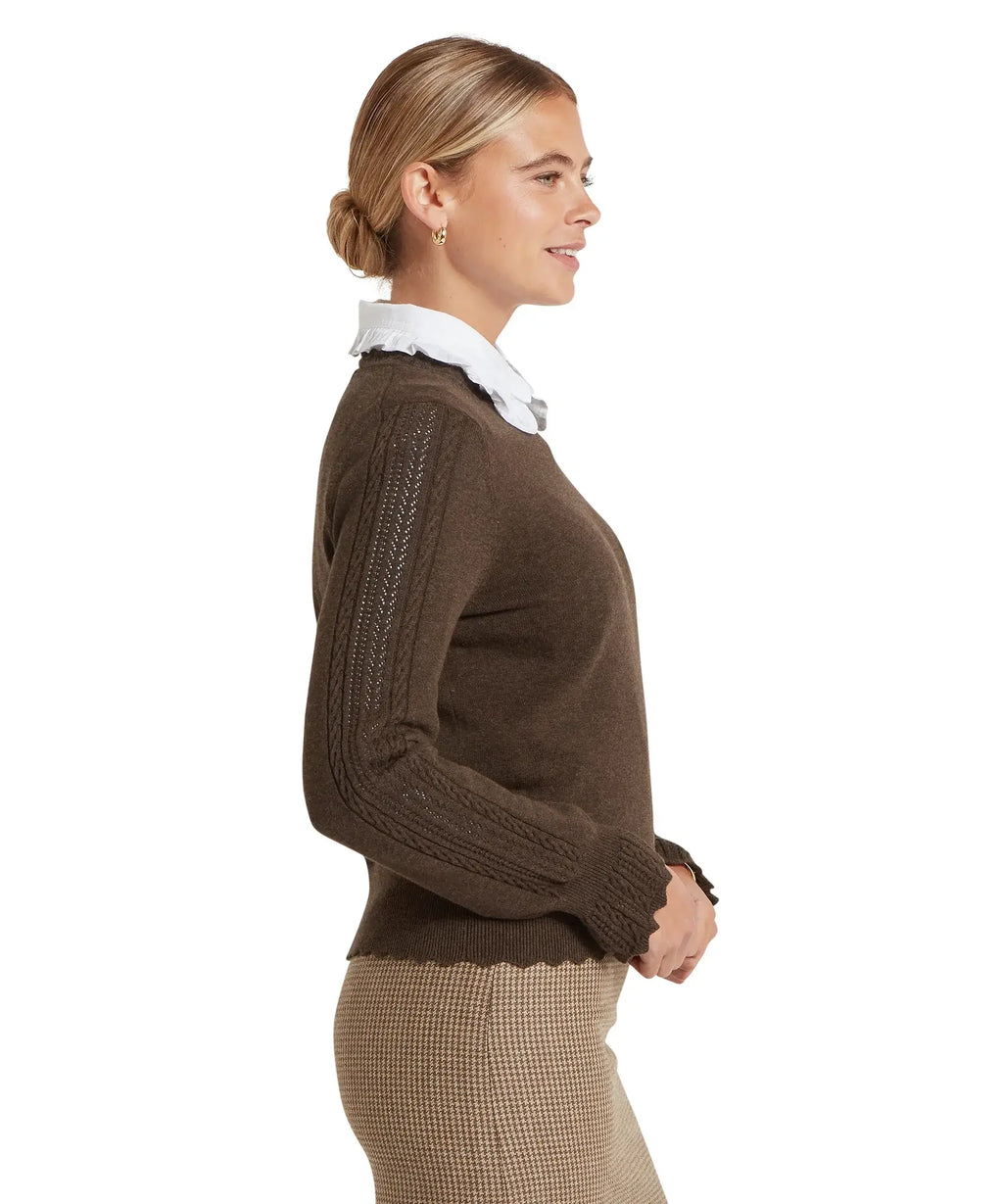 Leyburn Chocolate jumper scalloped cuff and pointelle detail