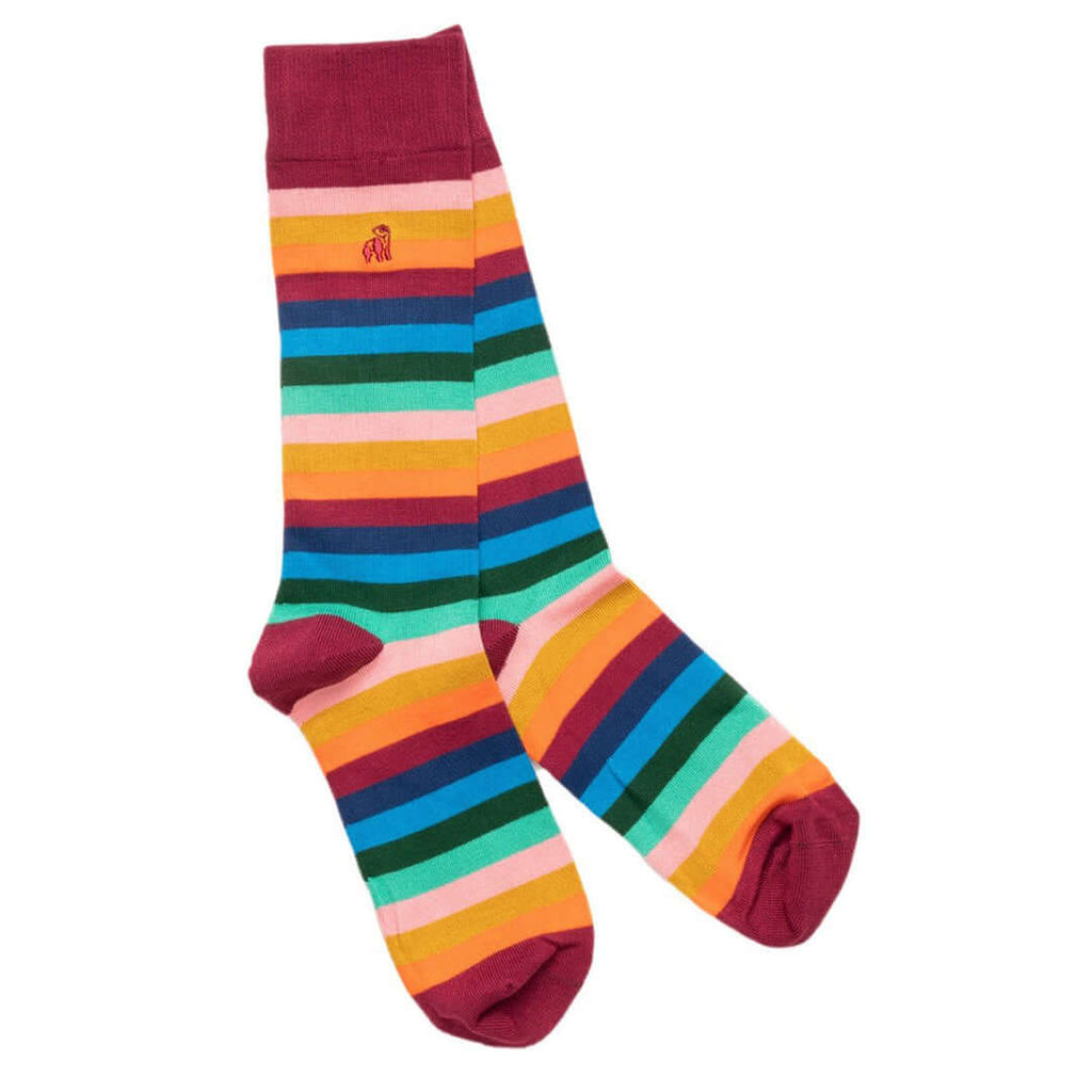 Swole Panda bamboo socks in a multi-coloured fine stripe