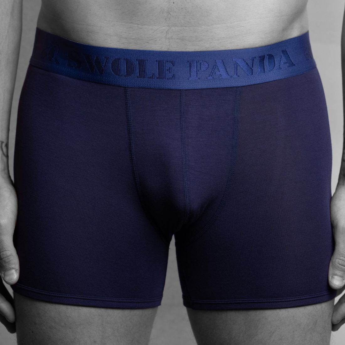 Swole Panda navy bamboo boxer shorts with a navy waistband
