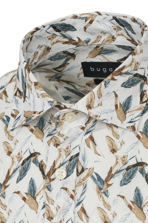 Bugatti bird-print linen shirt in Bottle Green – model view