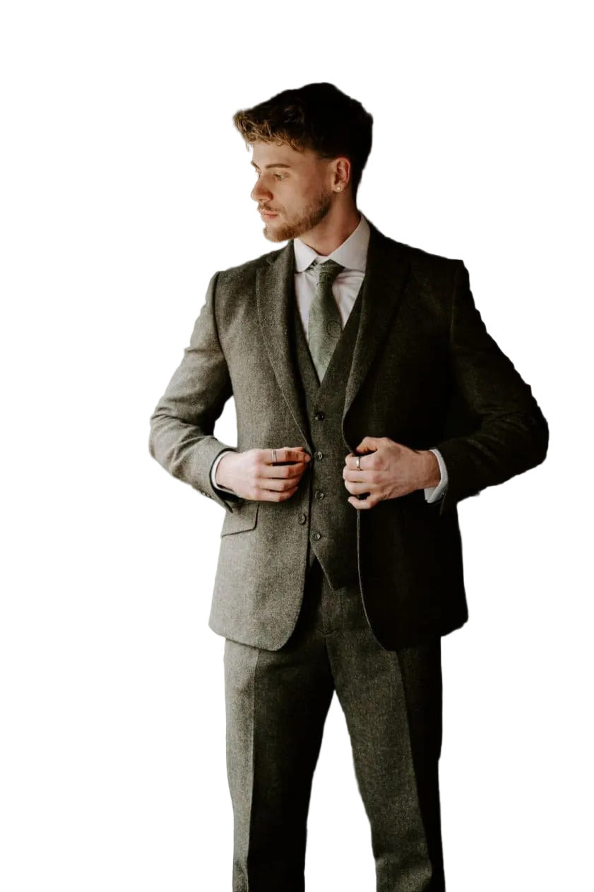 Torre green herringbone wool tweed three-piece suit front view