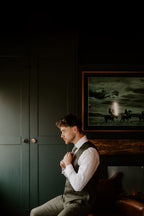Torre green herringbone wool tweed three-piece suit rear view