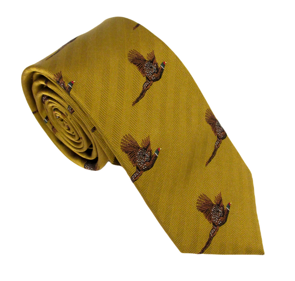 Van Buck Flying Pheasant Country Silk Tie in Gold – front view
