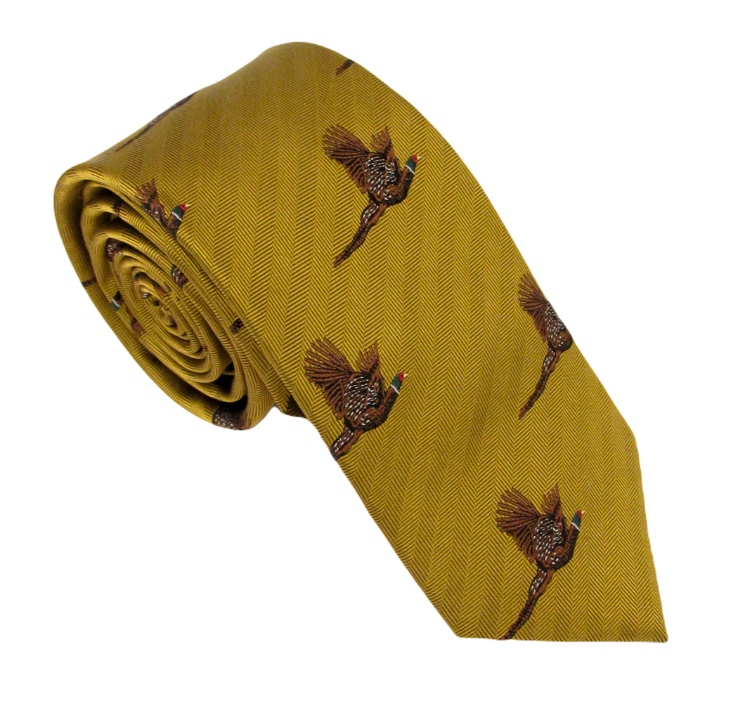Van Buck Flying Pheasant Country Silk Tie in Gold – front view