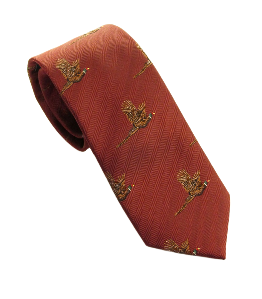 Van Buck Flying Pheasant Country Silk Tie in Wine – front view
