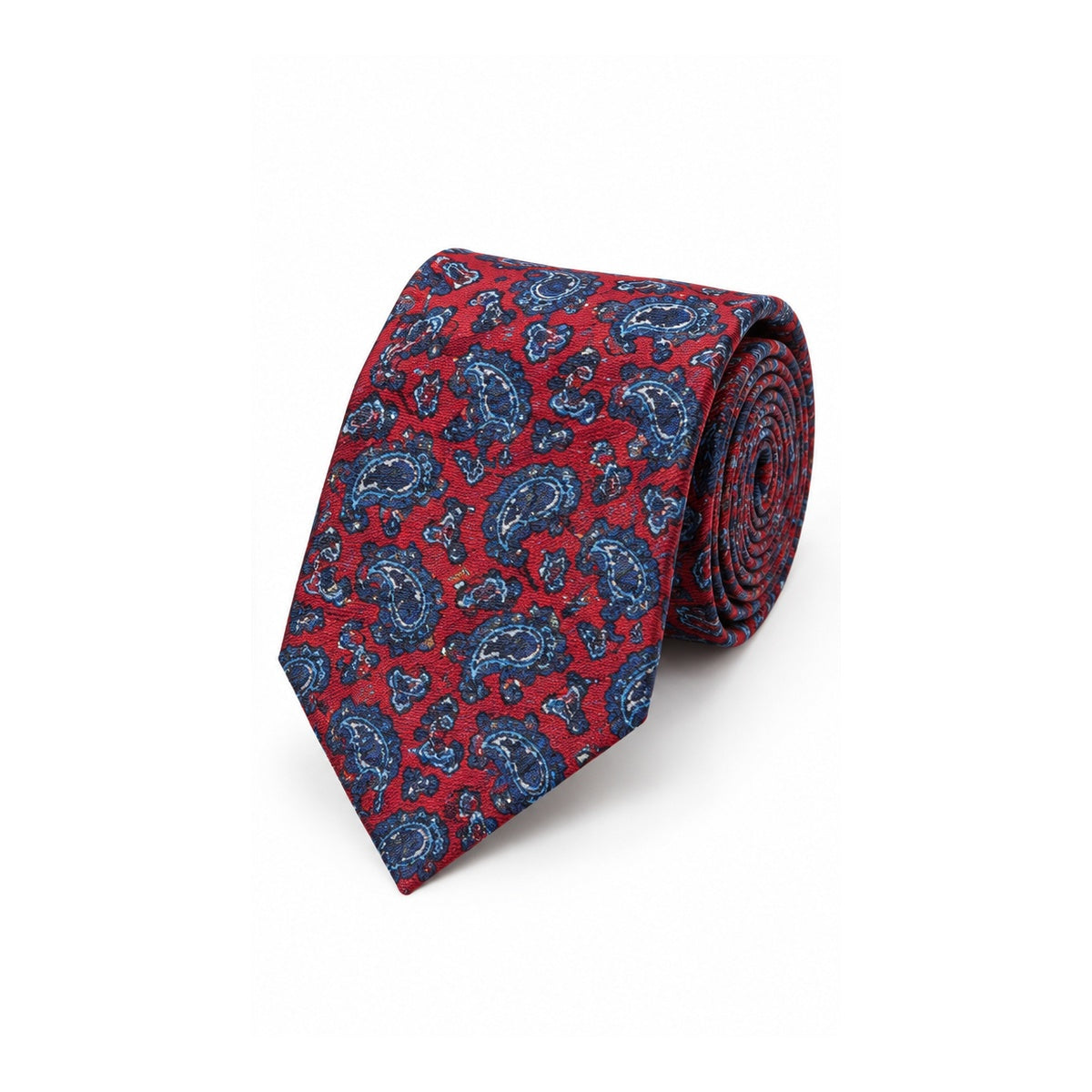 Van Buck red and navy paisley wool tie rolled