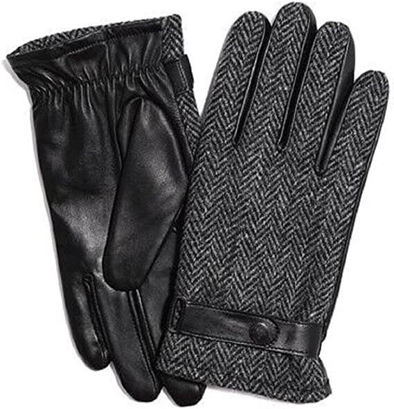 Failsworth | Harris Tweed and Leather Gloves | Black | Size: Small / Medium, Large / Extra Large