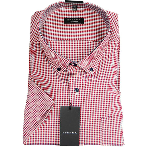 Eterna | Micro Check Short Sleeve Shirt - Bordeaux | Collar Size: 19 1/2"
