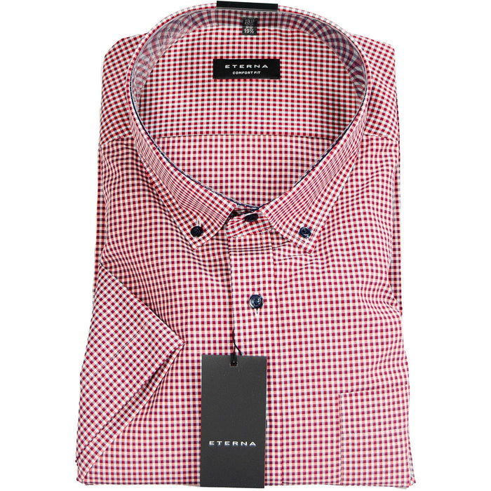 Eterna | Micro Check Short Sleeve Shirt - Bordeaux | Collar Size: 19 1/2"