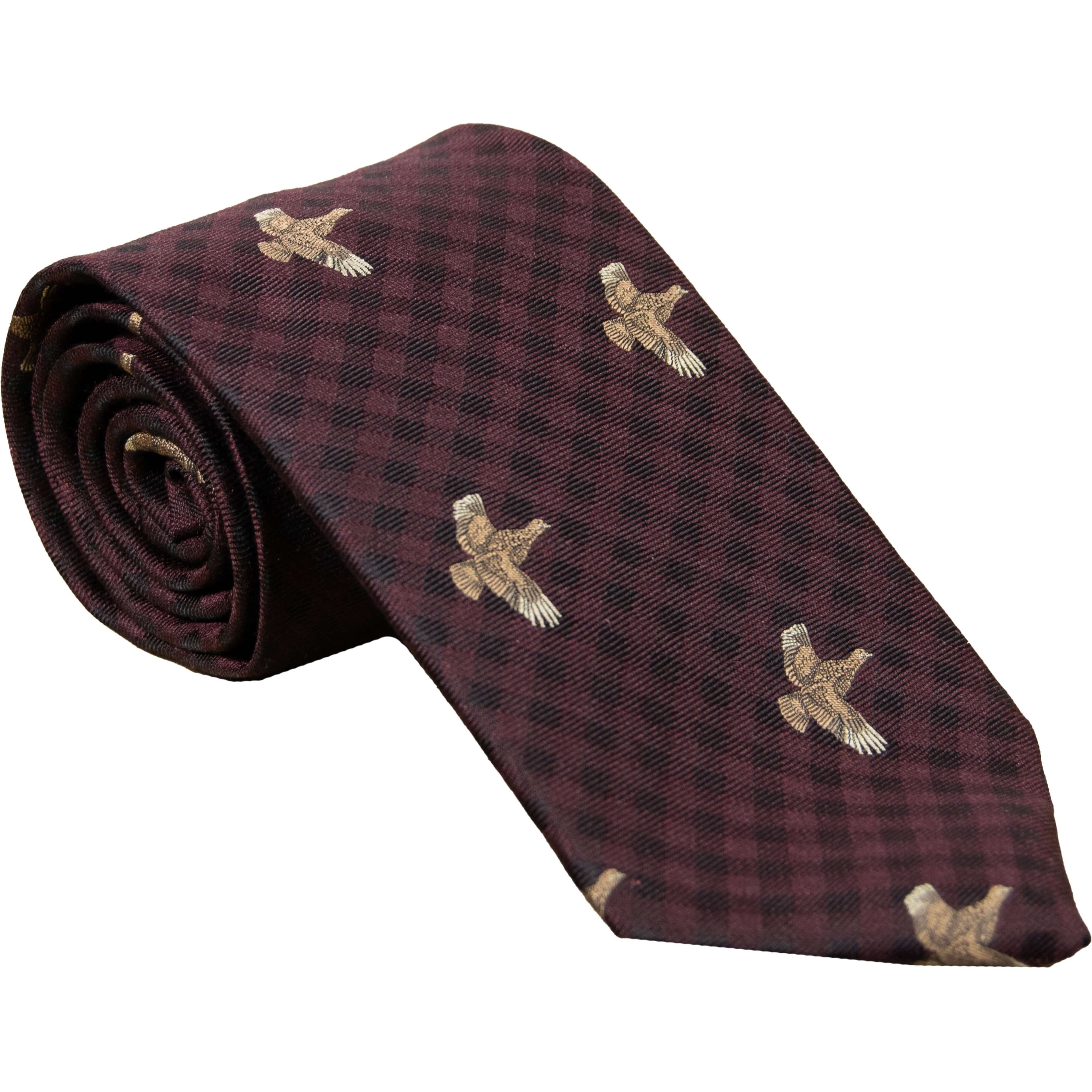 Livingston - Flying Pheasant Checked Wool & Silk Sporting Tie - Colour: Wine